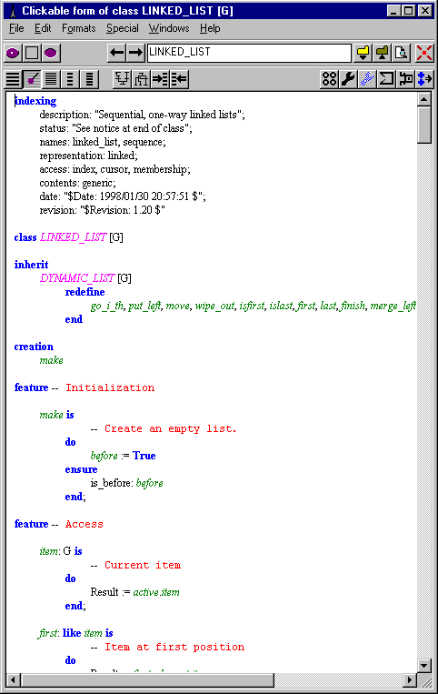 LINKED_LIST, automatically pretty-printed by EiffelBench